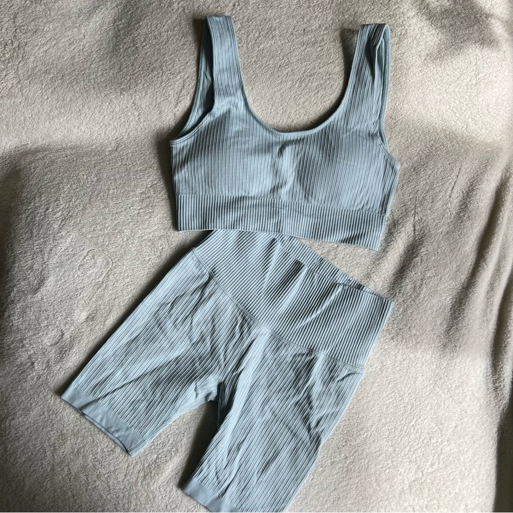 Ribbed Bike Shorts Set - Light Blue